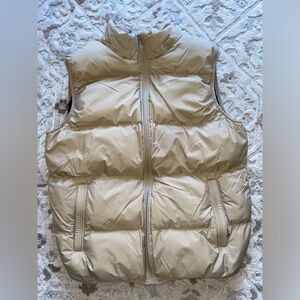 Like-new Men's Tan Puffer Vest with Detachable Hood. Size L.